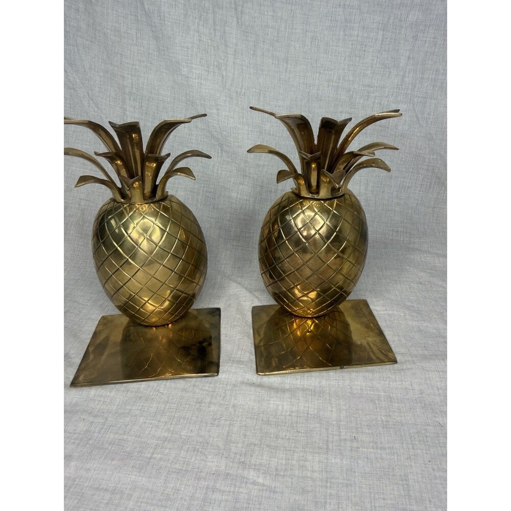 Vintage Ethan Allen Brass Pineapple Bookends Set Hollywood Regency Style 8.5”